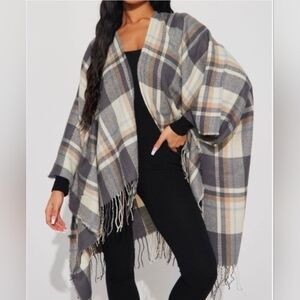 ASOS Gray and White Plaid Wrap Scarf Poncho